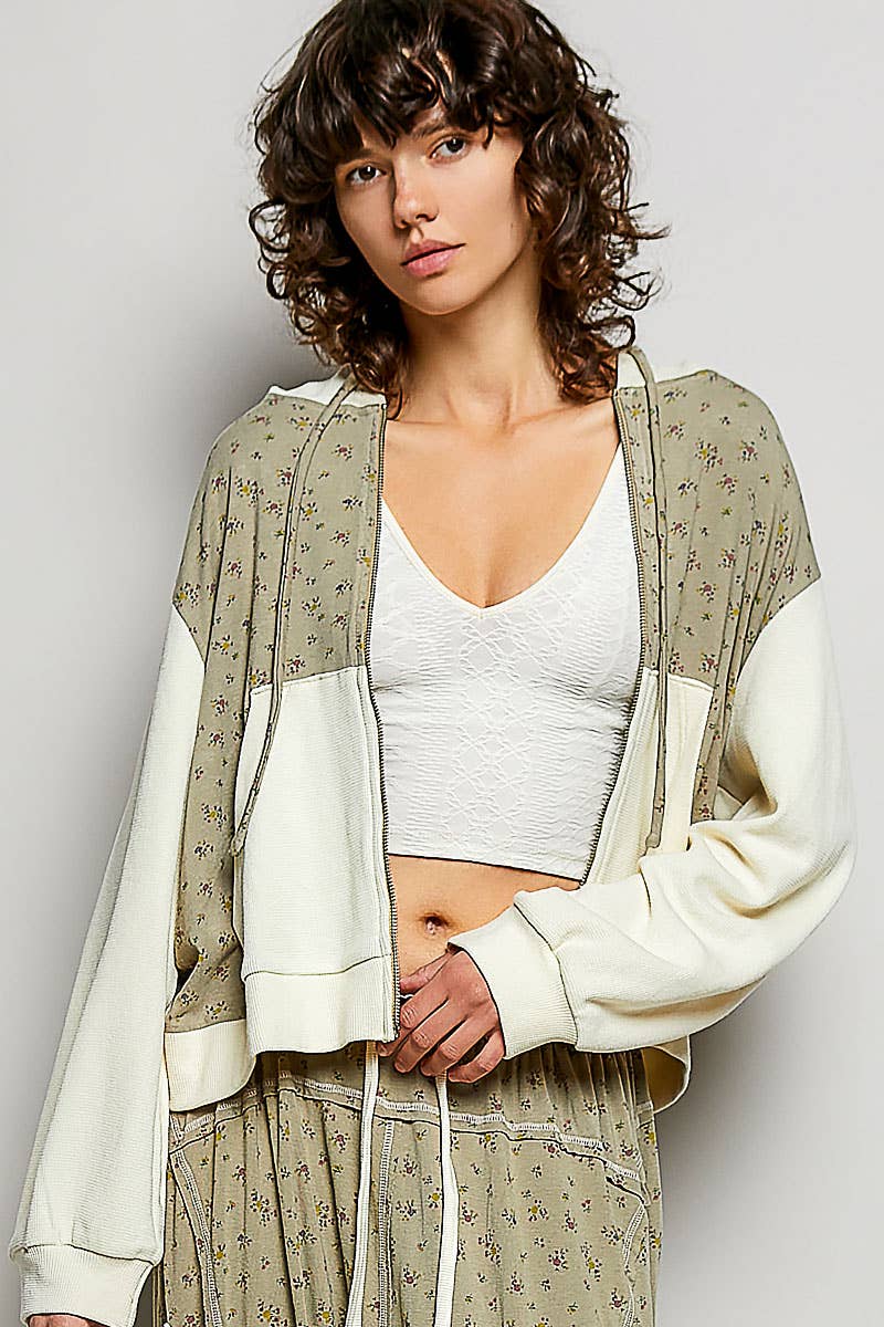 The Wildflower Weekend Hoodie: Sage Floral Print Thermal Patch Hoodie – Long Sleeve Knit Regular Fit Top