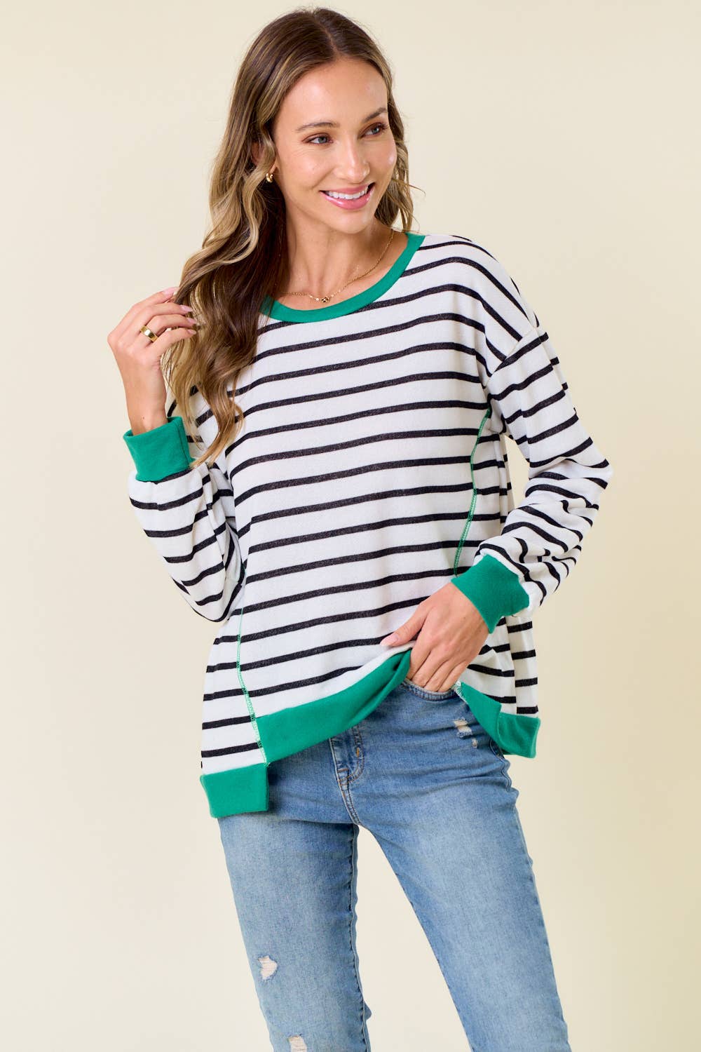 Lydia Stripe Comfy Sweatshirt: White/ Kelly Green