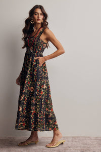 The Meadow Breeze Smocked Midi Dress: Black – Cotton Tiered Boho Dress with Pockets