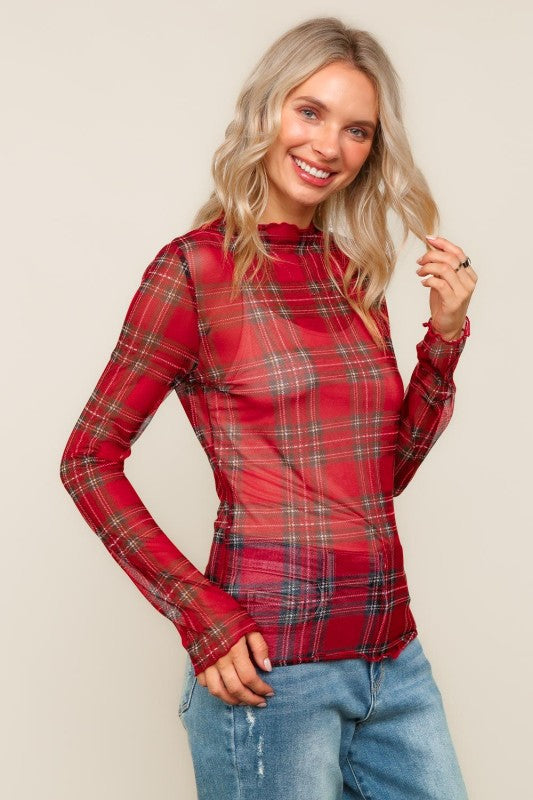 Festive Flannel Vibes Mesh Top – Red Plaid Sheer Long Sleeve Holiday Layer