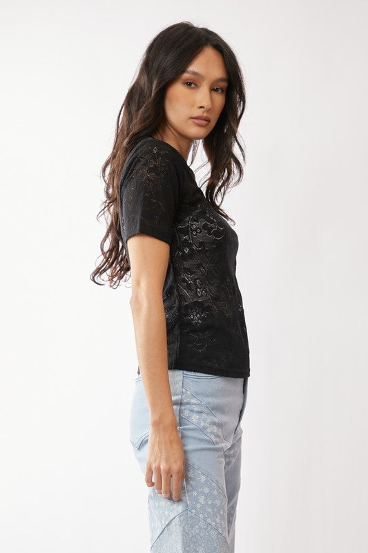Willow Stretch Lace Short Sleeve Top | Floral Power Mesh Tee