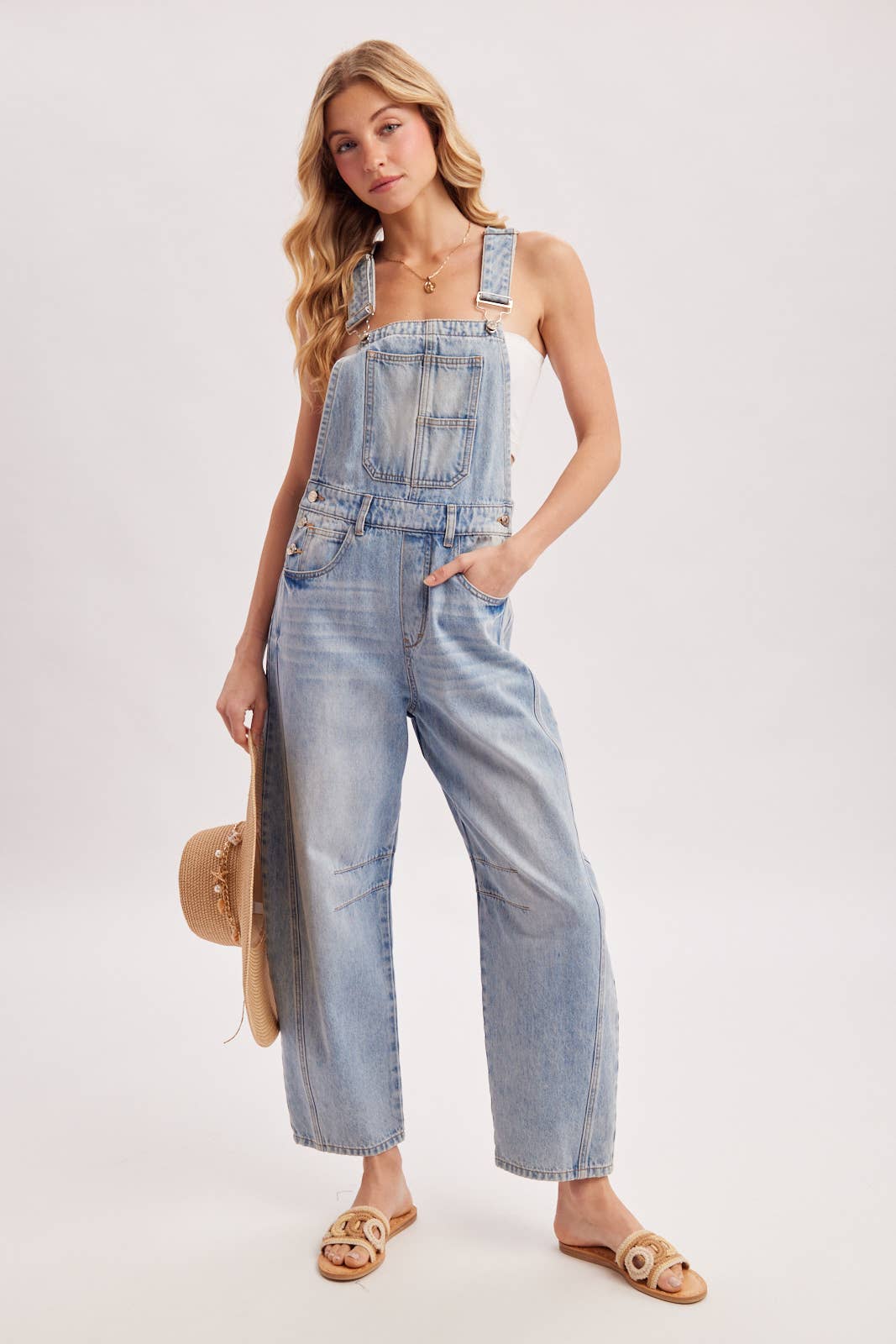The Remi Barrel Leg Denim Overalls: Lt Wash  – Relaxed Wide Leg Casual Overalls