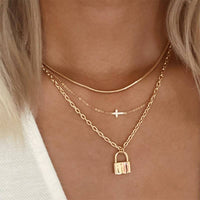 Tarnish Free Layered Cross and Lock Charm Necklace: Gold