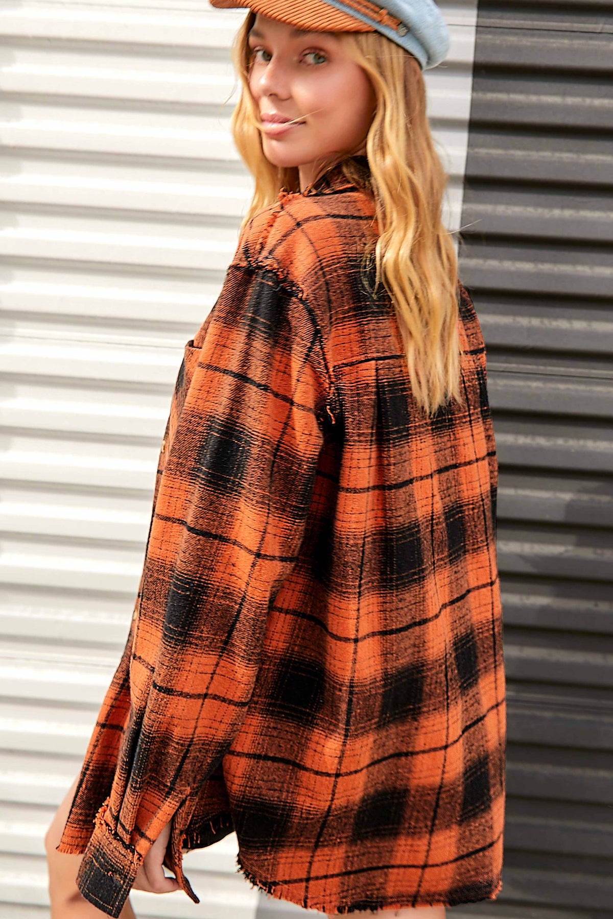 Rowan Mineral Wash Plaid Flannel Shacket with Raw Edge Details