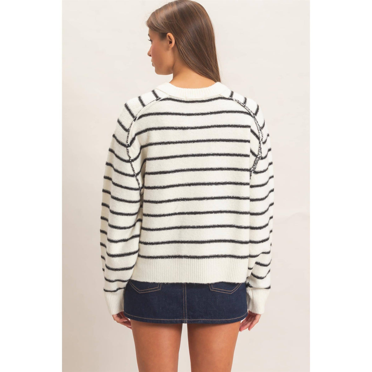 Easy Rhythm Stripe Henley Sweater: Cream