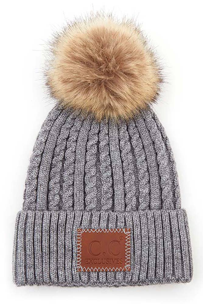 C.C Double Braided Beanie with Faux Fur Pom – Warm Winter Hat with Leather Patch