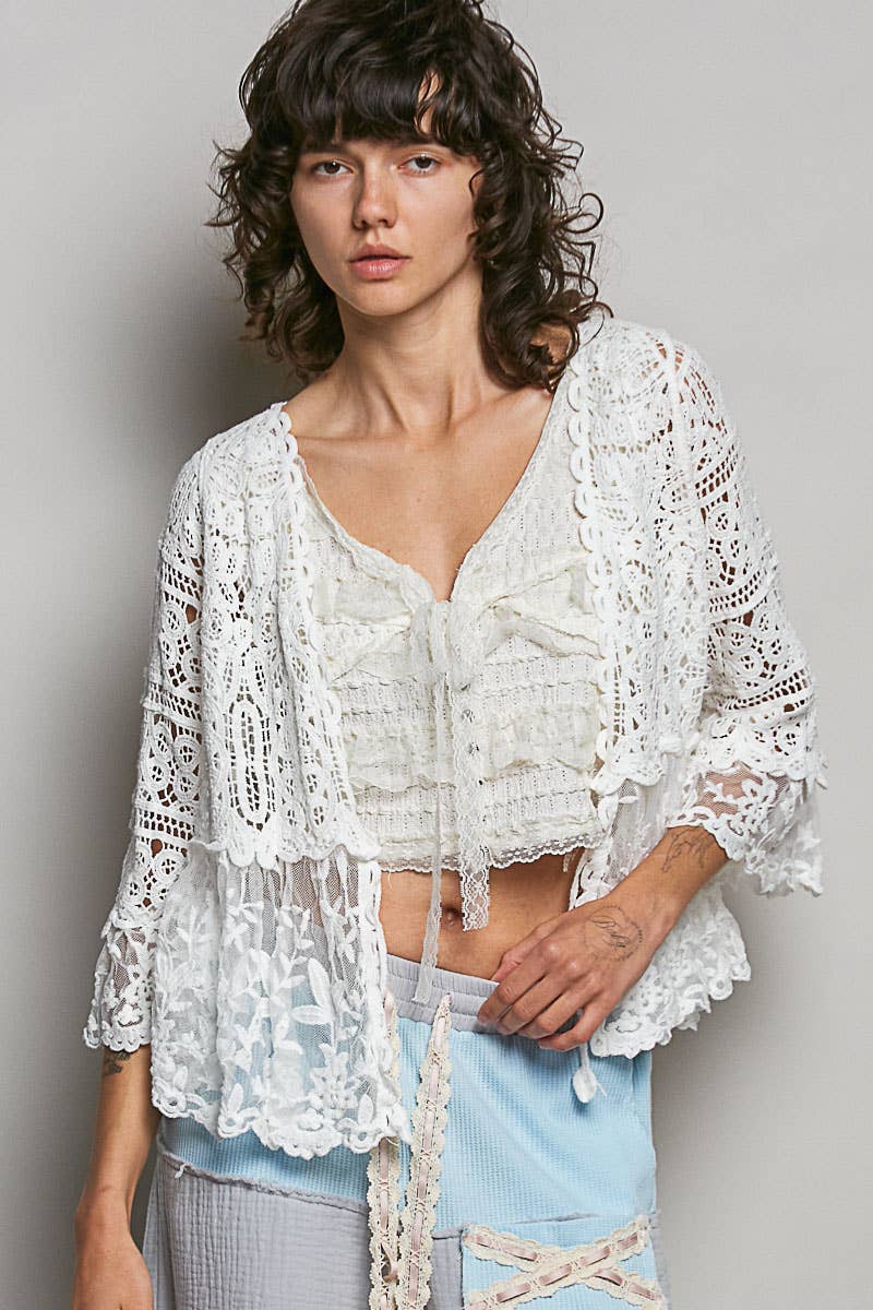 V-neck Short Sleeve Crochet Floral Lace Cardigan: NATURAL / OS