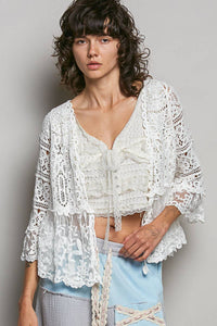 V-neck Short Sleeve Crochet Floral Lace Cardigan: NATURAL / OS