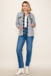 Aspen Woods Plaid Contrast Hoodie Shacket – Cozy Button Down Brushed Knit Layer for Fall & Winter