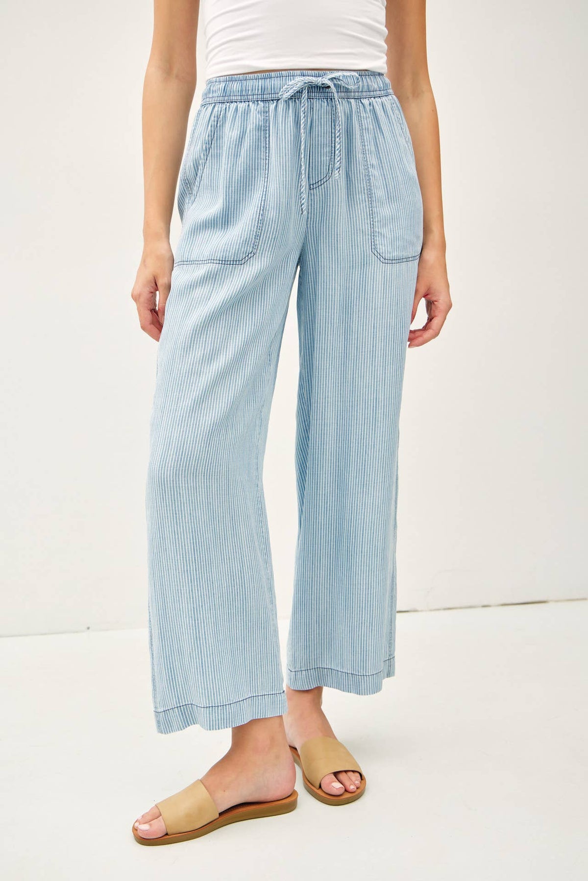 Sky Blue Striped Wide-Leg Pants | Casual Chic Elastic Waist Pants