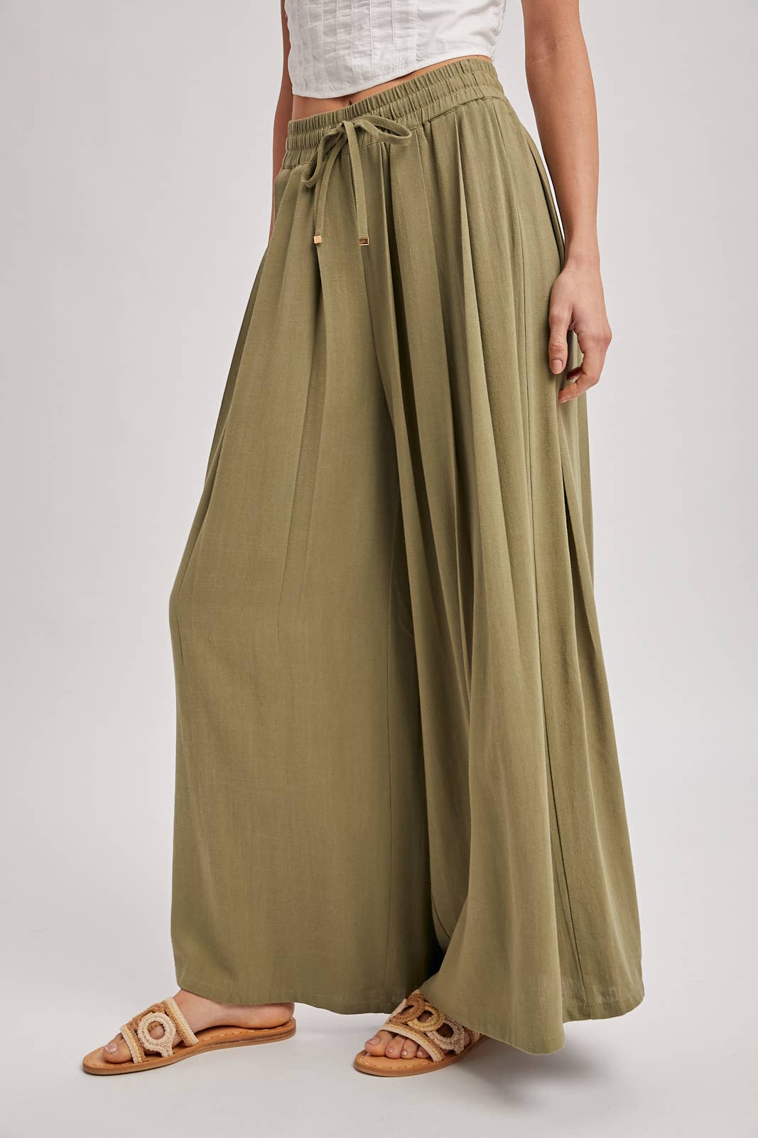 The Everly Flowing Wide Leg Pants: Lt Olive – High Waist Drawstring Palazzo