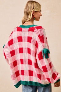 Holly Jolly Check Knit Cardigan – Pink & Red Plaid Christmas Sweater with Ribbon Detail