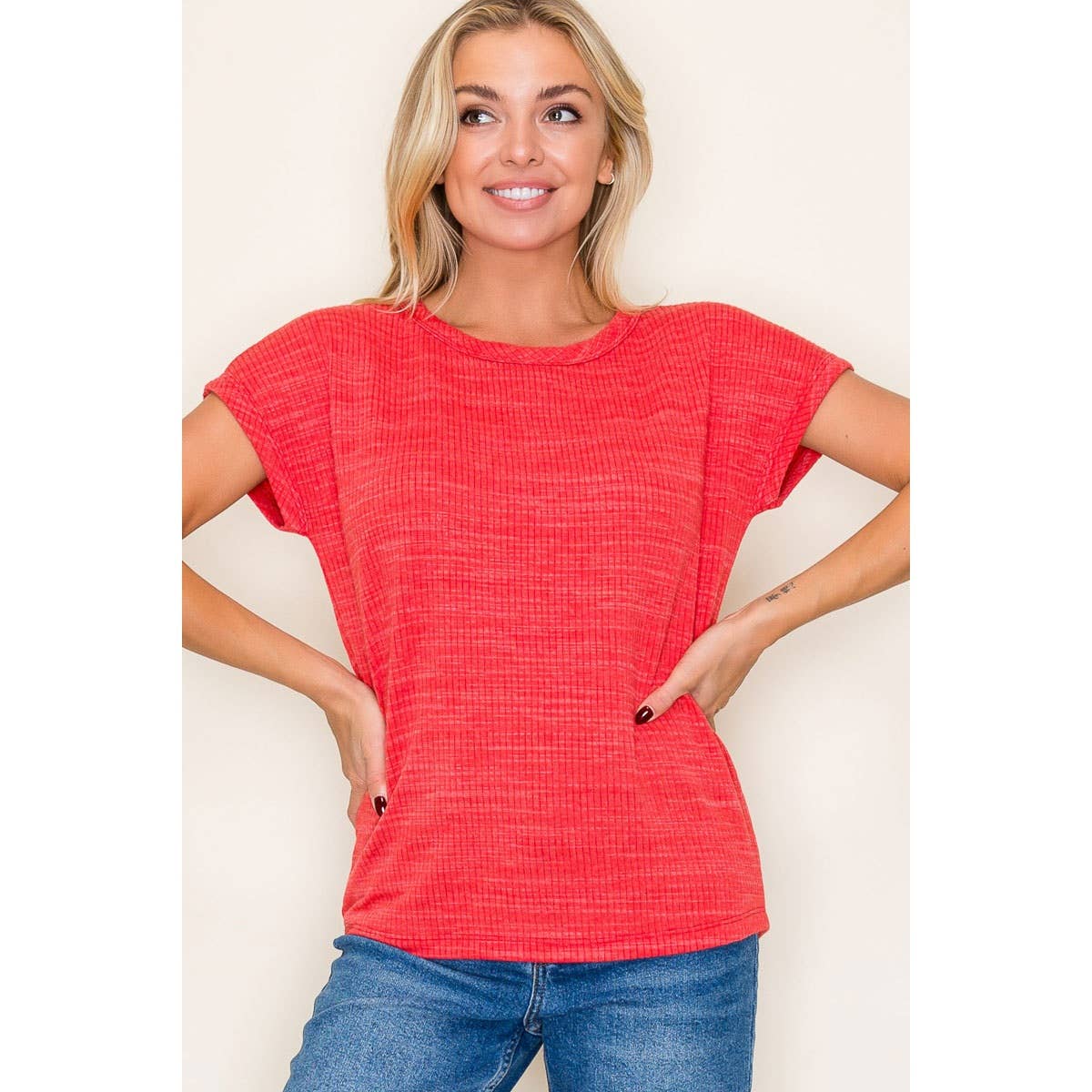 Sadie Red Crew Neck Textured Knit Top | Casual Short Sleeve Tee