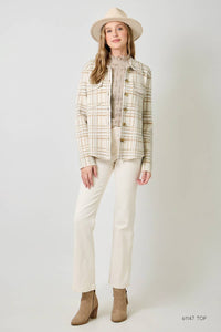 Maribel Check Pattern Sweater Shacket – Button-Down Shacket with Chest Pockets & Hi-Lo Hem