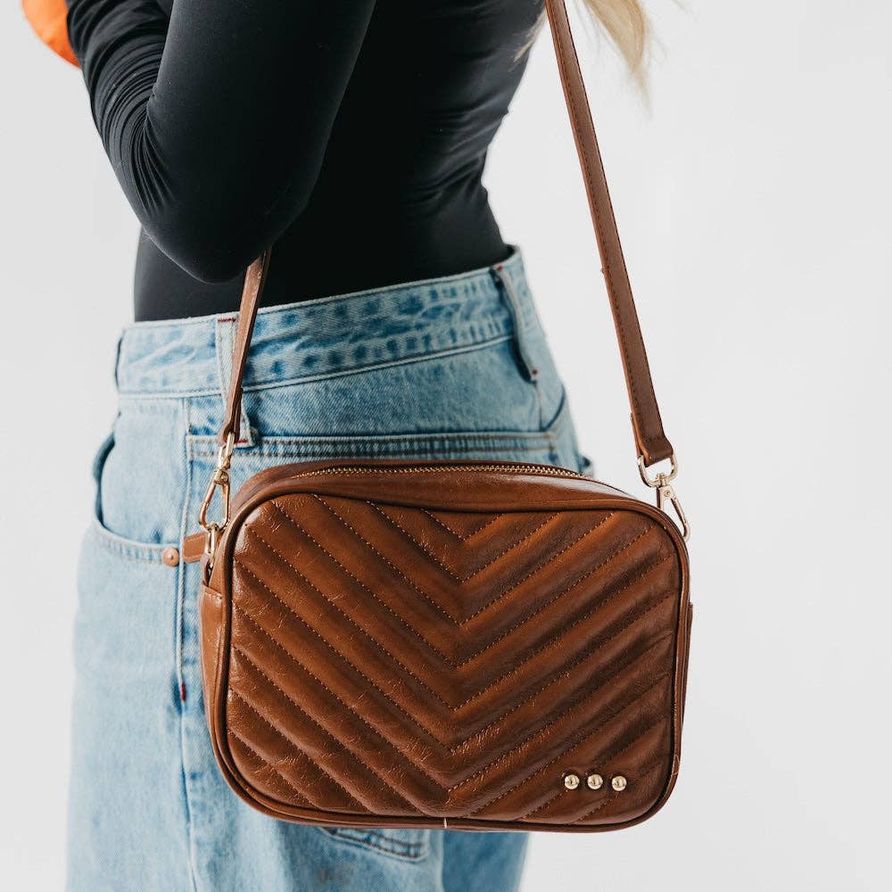 The Coco Quilted Camera Crossbody Bag –  Tan Vegan Leather