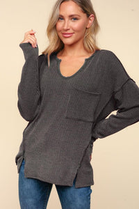 Mila Vintage Wash Ribbed Long Sleeve Basic Top