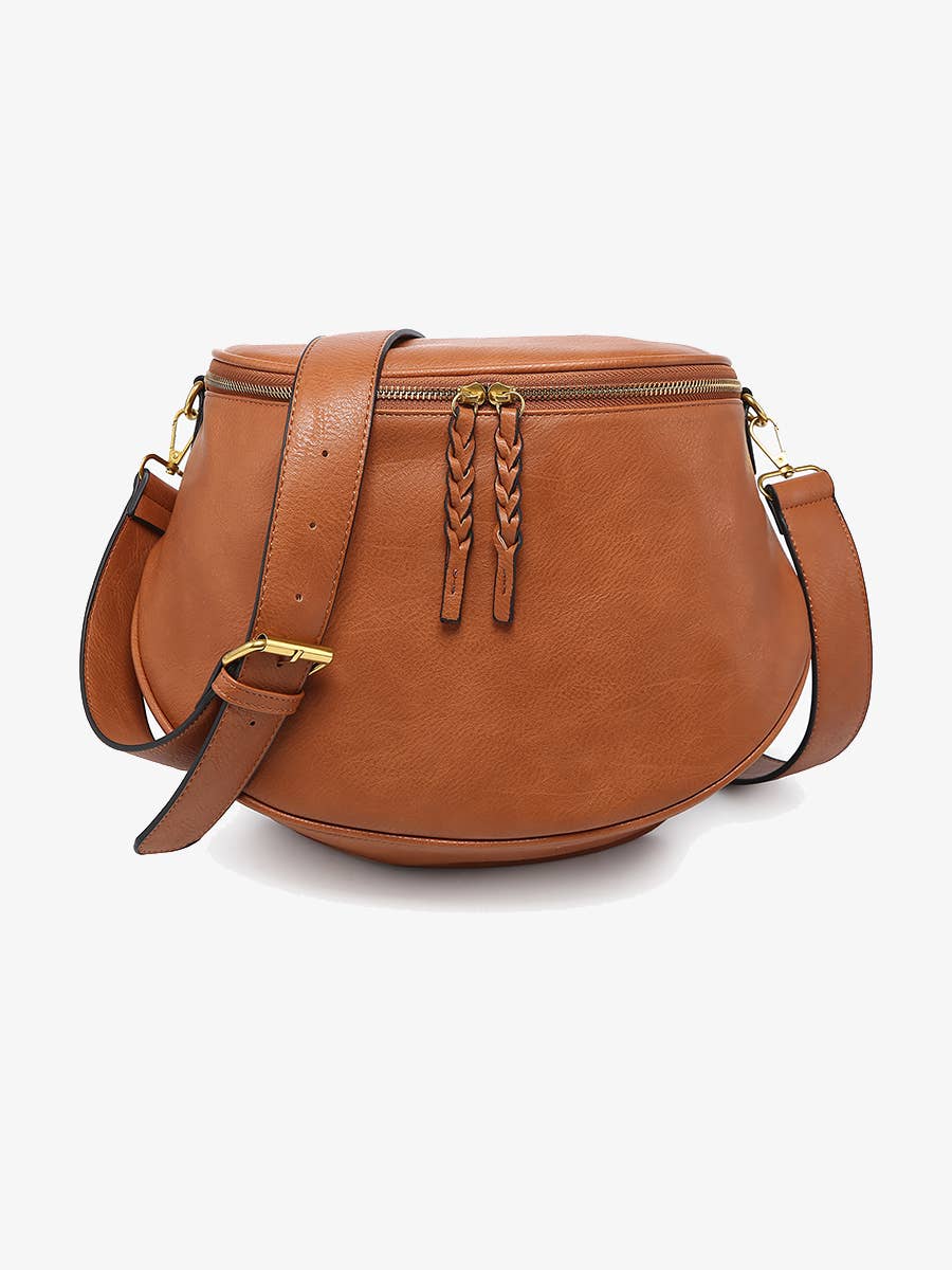 Jen & Co. Megan Distressed Sling Bag: Brown  – Vegan Leather Crossbody with Guitar Strap