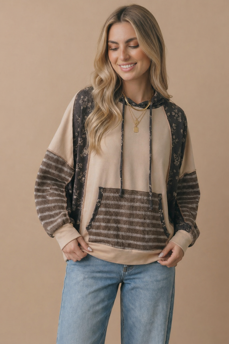 Patchwork Days Floral & Stripe Hoodie: Taupe/ Charcoal