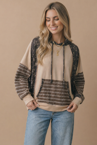 Patchwork Days Floral & Stripe Hoodie: Taupe/ Charcoal