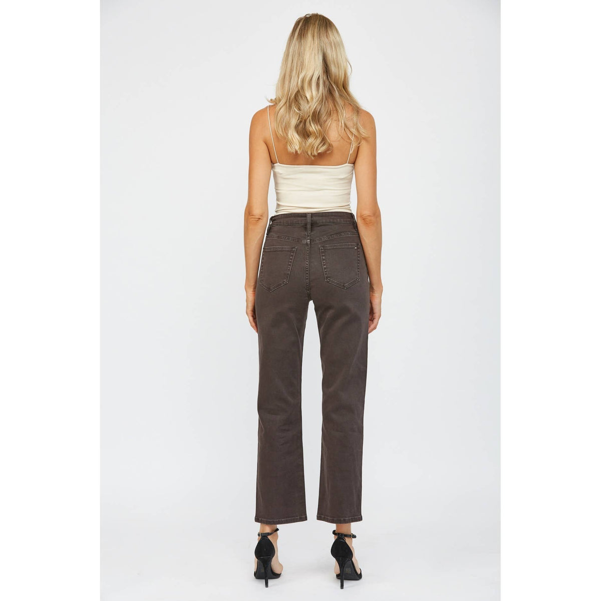 Harper High Rise Button Fly Straight Jeans – Dark Brown – Mica Denim