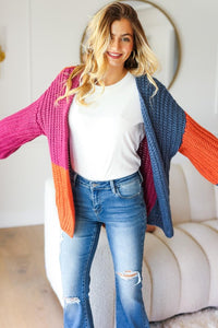 Bella Color Block Chunky Knit Cardigan: Magenta/ Navy/ Rust