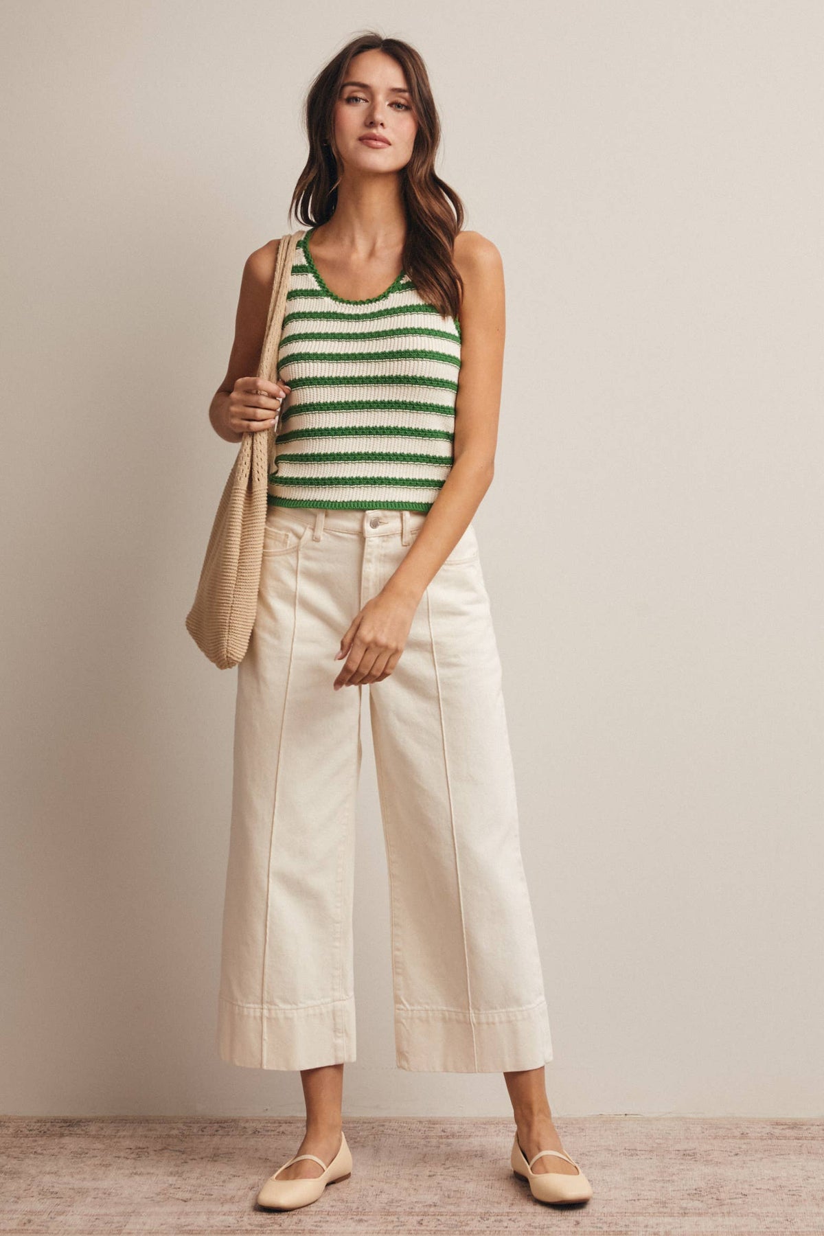 The Poppy Striped Crochet Tank: Green  – Sleeveless Textured Knit Summer Top