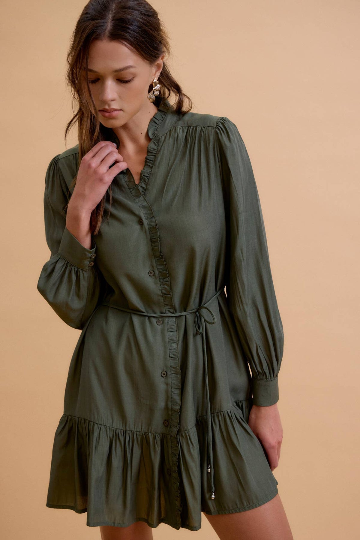 The Camille Ruffle Shirt Dress: Pine