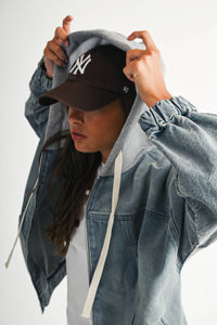 Off the Clock Mineral Wash Denim Hoodie Jacket: Light Wash