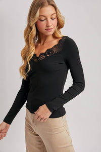 Maren Lace-Trim Ribbed Long Sleeve Top – Black V-Neck Essential | Northern Belle Boutique