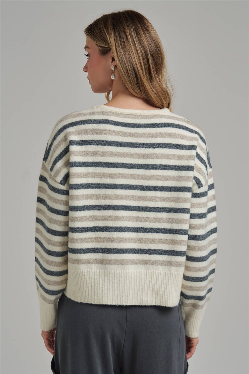 Keeping It Casual Stripe Sweater: Charcoal/ Oatmeal