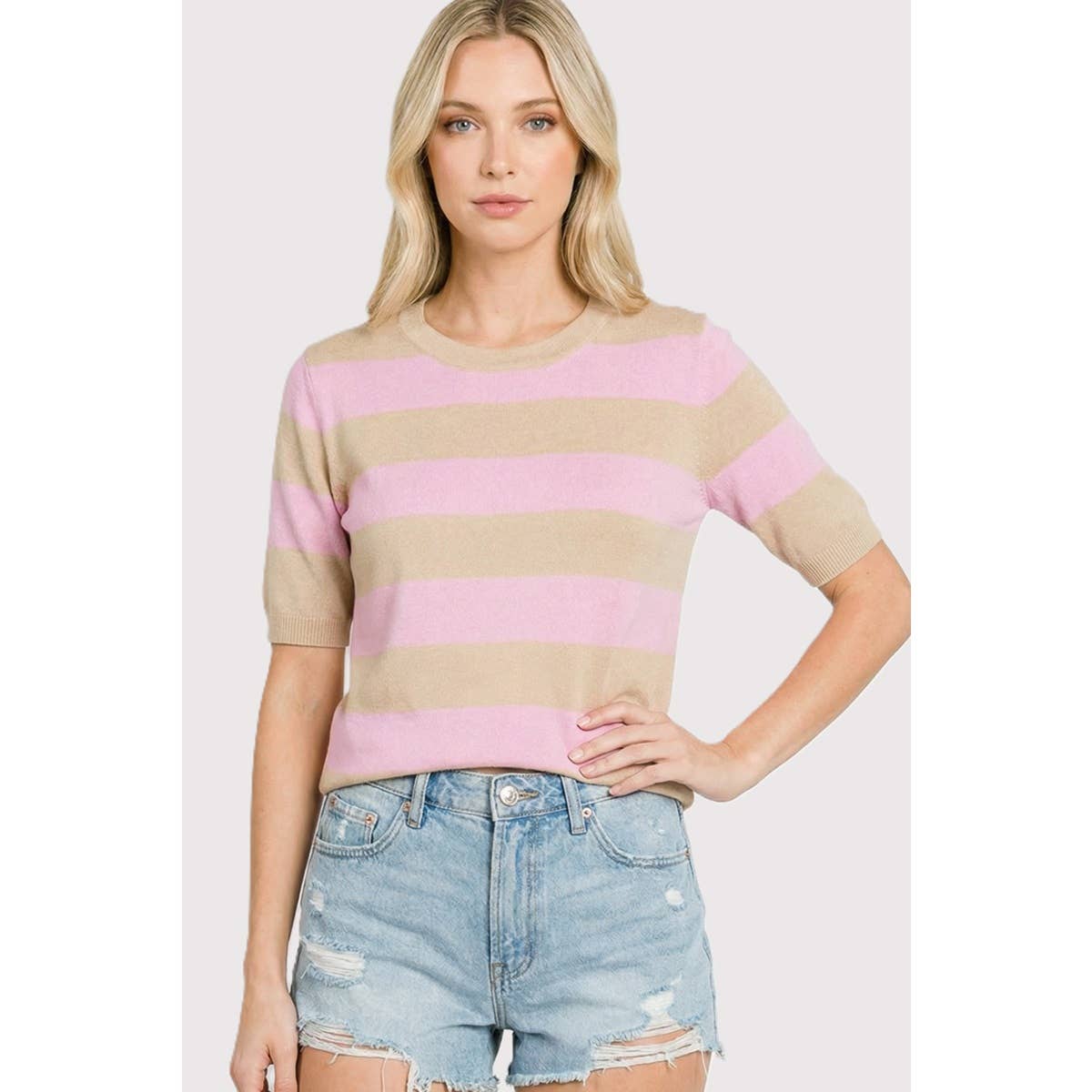 Blair Light Weight Sweater Tee:Taupe/Pink