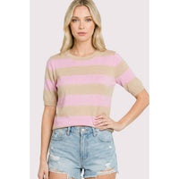 Blair Light Weight Sweater Tee:Taupe/Pink