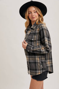 Oakley Brushed Plaid Flannel Button Down – Charcoal Cream Western Shacket