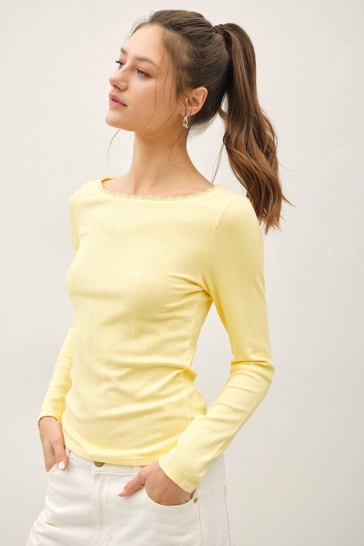The Lila Lace Trim Rib Top: Banana