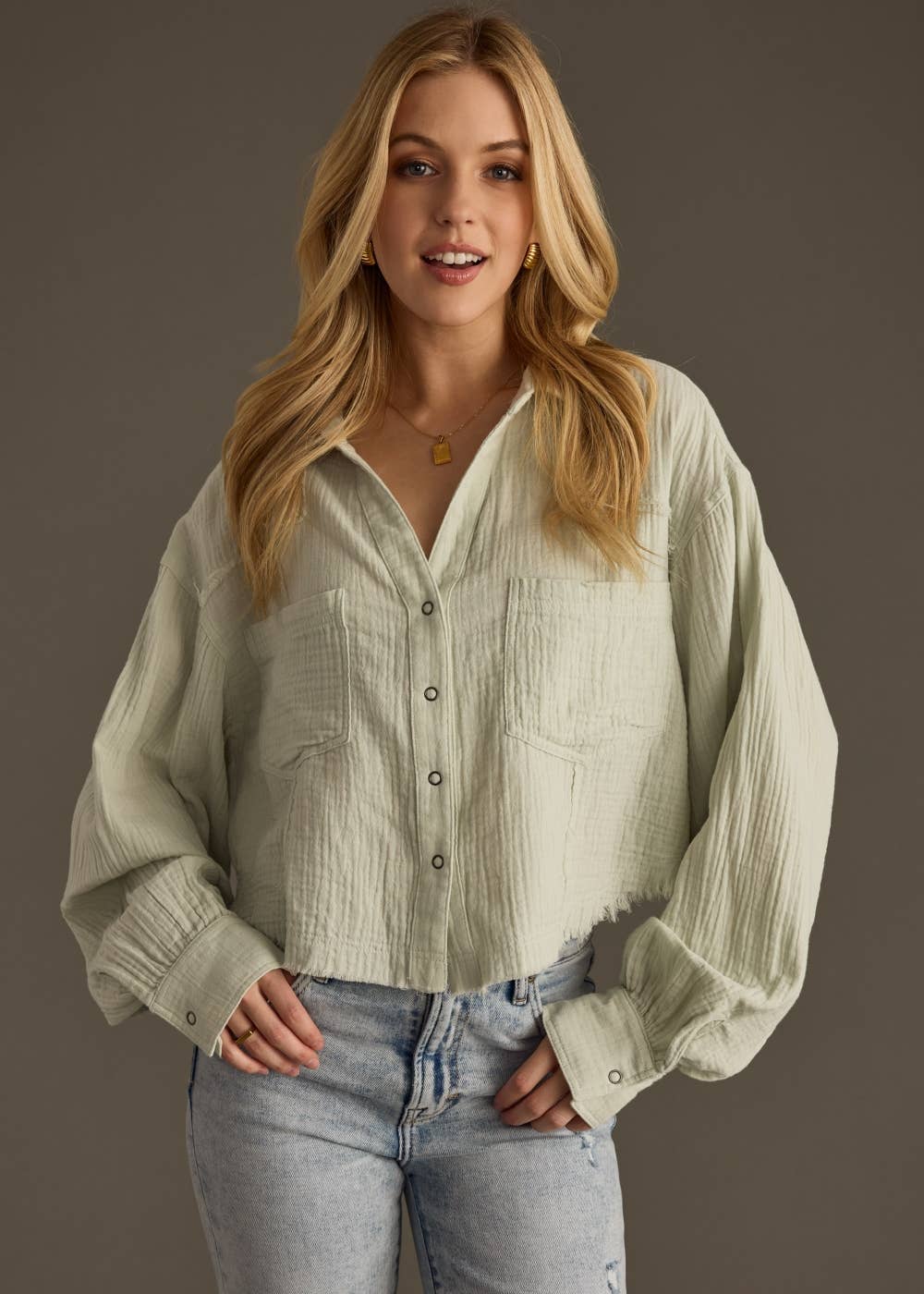 Farrah Sage Gauze Light Weight Button Up Long Sleeve Blouse