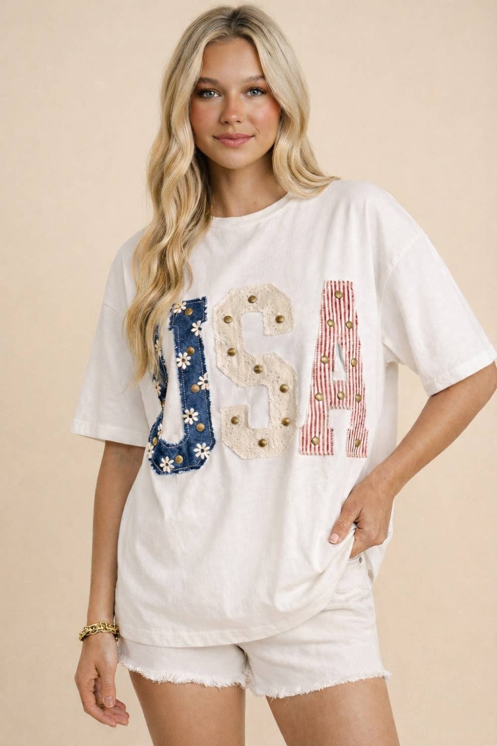 The Sweet Land of Liberty Tee: White – USA Patchwork Graphic T-Shirt