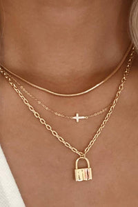 Tarnish Free Layered Cross and Lock Charm Necklace: Gold