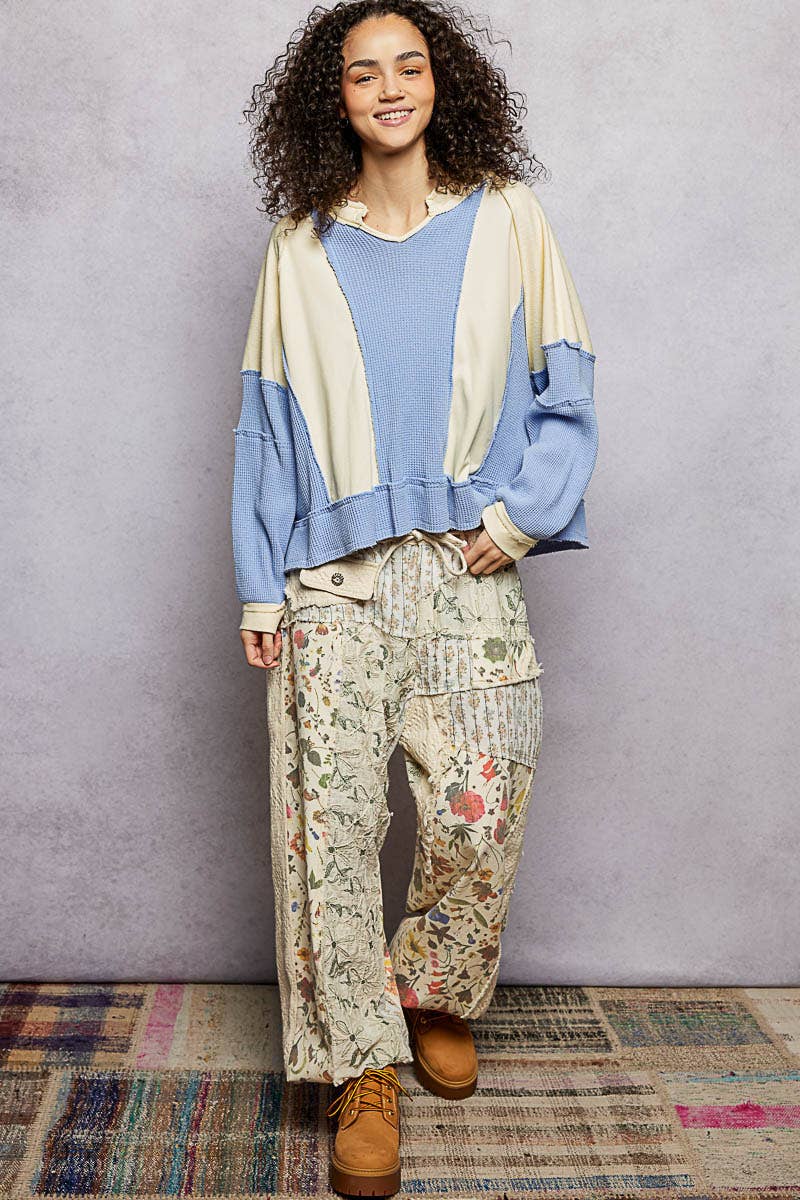 Notched Neck Contrast Fabric Basic Long Sleeve Top SALE: GREY MULTI / L