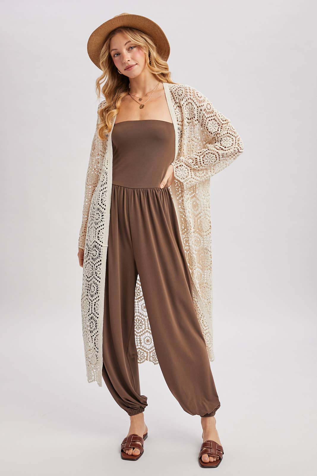BOHO LONG LINE SIDE SLIT CROCHET CARDIGAN: NATURAL