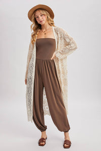 BOHO LONG LINE SIDE SLIT CROCHET CARDIGAN: NATURAL