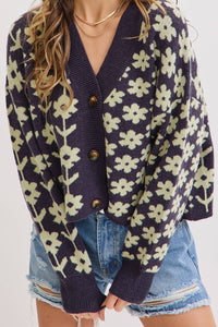 The Soleil Bold Floral Cardigan: Navy – Cropped V-Neck Boxy Sweater