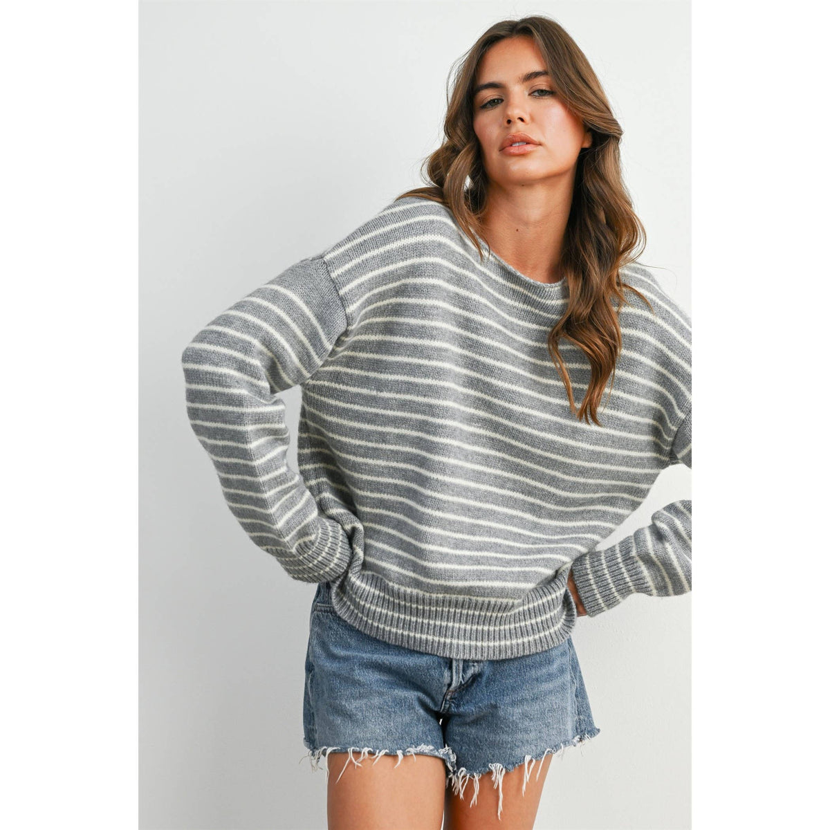 Cloud Stripe Crewneck Sweater-BMW8384: NAVY / IVORY / S