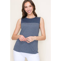 Harper Navy Striped Button Shoulder Tank | Casual Women's Sleeveless Top