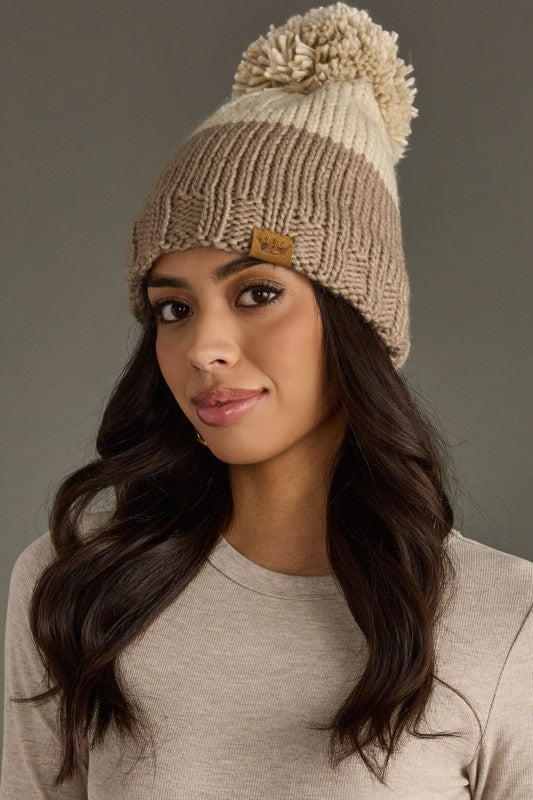 Aspen Ridge Color Block Knit Pom Beanie – Fleece Lined Winter Hat