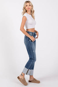 Remi High Rise Slim Straight Jeans – Dark Wash Cuffed Denim with Raw Hem