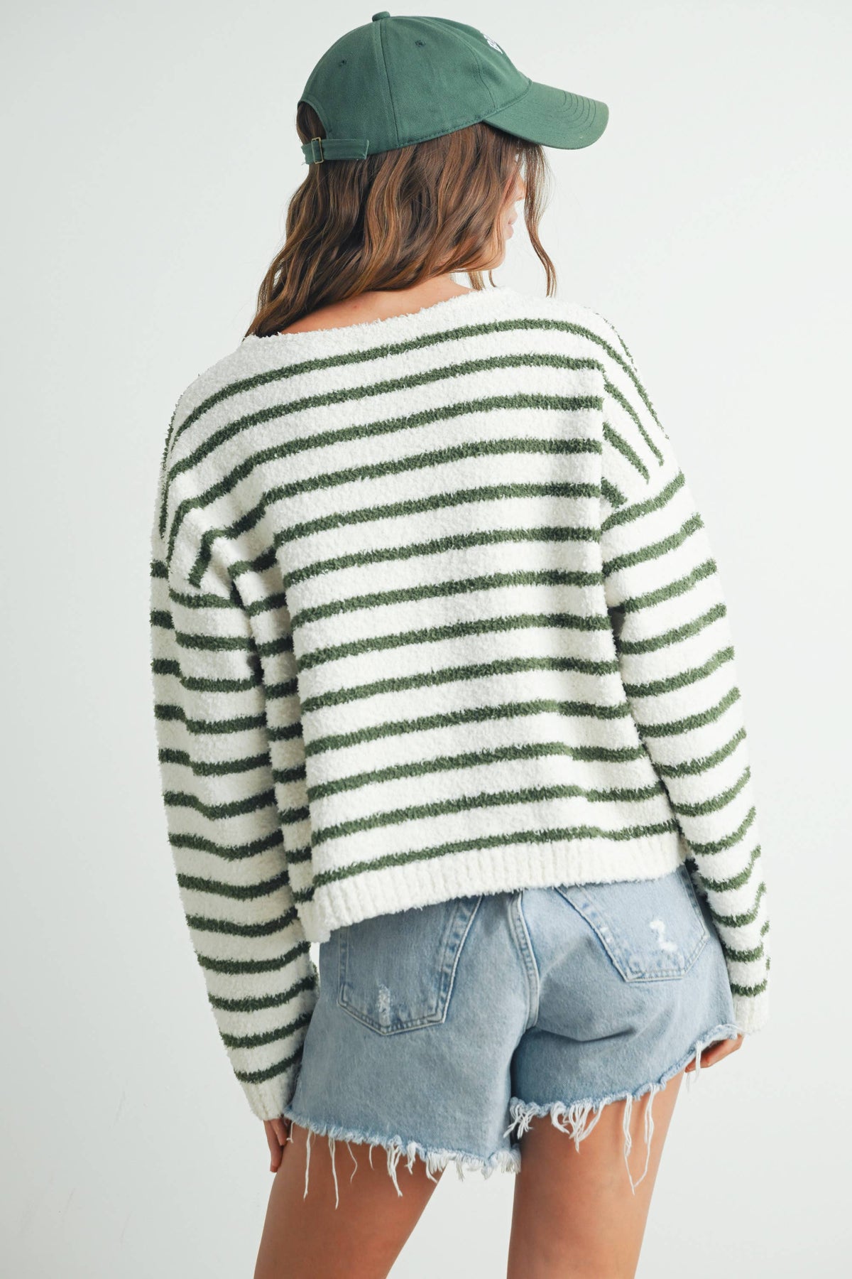 The Olivia Striped Fuzzy Knit Sweater: Ivory/Olive – Cozy Long Sleeve Pullover