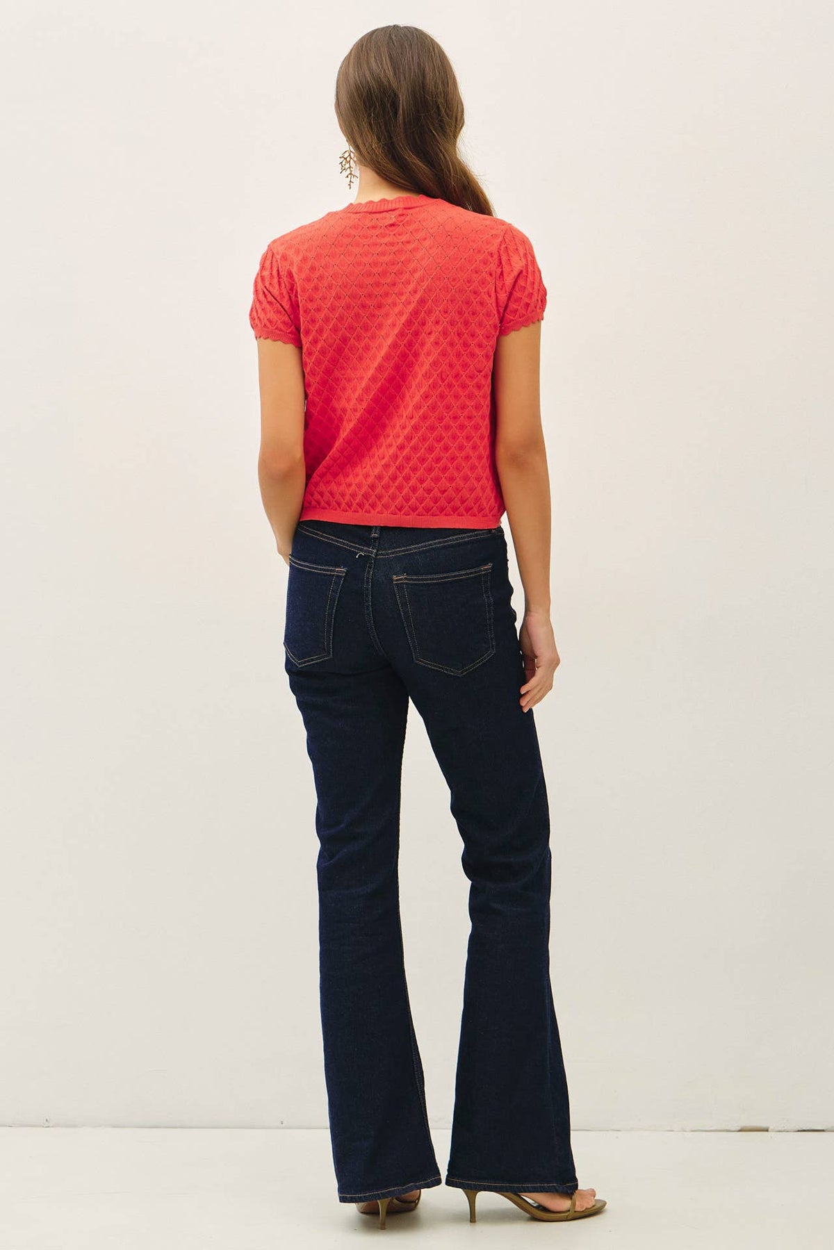 Eloise Pointelle Knit Cardigan: Tomato Red