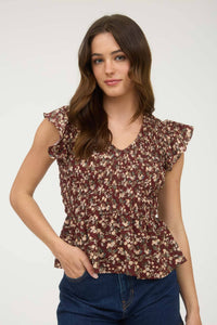 The Willa Smocked Floral Peplum Top – Burgundy Ruffle Sleeve Blouse