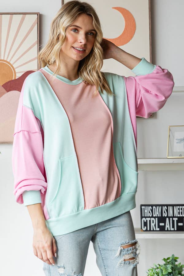 Amiee Sping Colorblock Pullover Crew Neck Long Sleeve Top: Mint