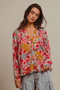 Flower Child Vibrant Floral Long Sleeve Blouse: Pink/Multi